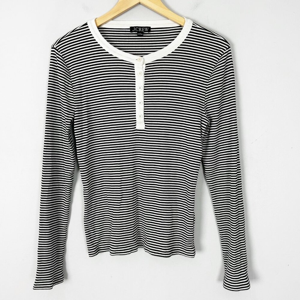 J.Crew Black & White Striped Henley Long Sleeve Top Casual Comfy size Medium Wom